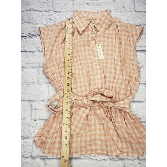 Max Studio Womens Size Small Peach White Gingham Checkered Tie Bow Front Blouse - Picture 5 of 6